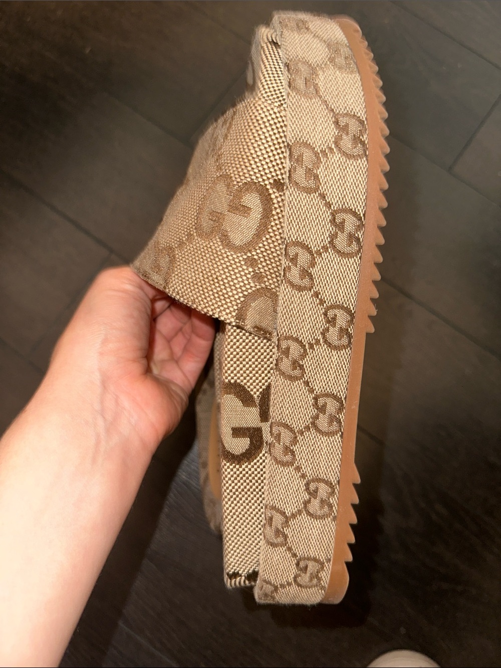 Like new Brown Beige GG Monogram Slide Sandals - Picture 2 of 6